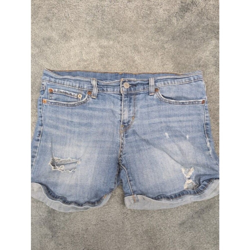 Womens Levis Jean Short Shorts Blue Denim Mid Wash Mid Rise Size 29 Distressed